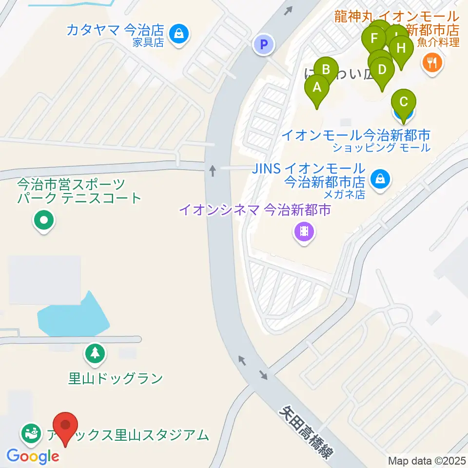 アシックス里山スタジアム周辺のファミレス・ファーストフード一覧地図