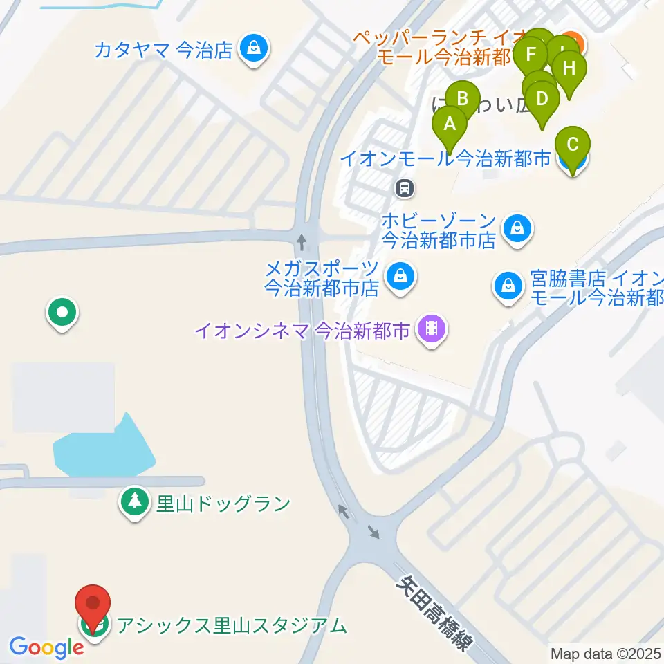 アシックス里山スタジアム周辺のファミレス・ファーストフード一覧地図