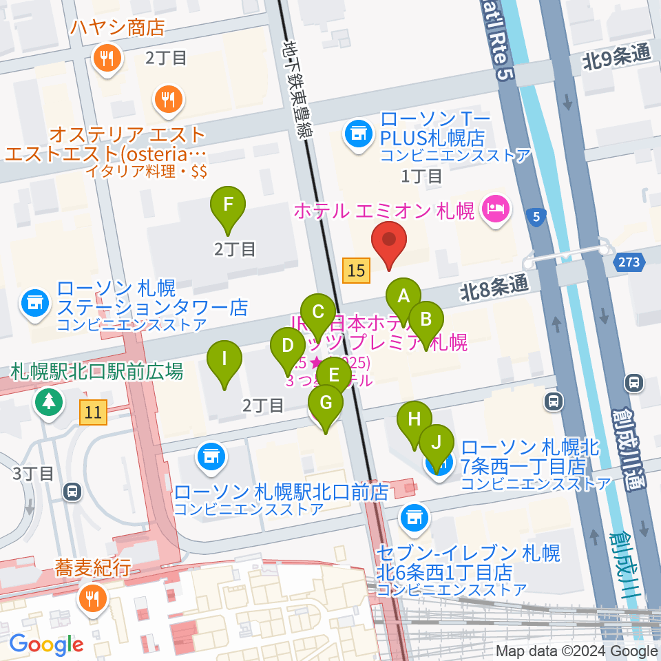 ジョブキタ北八劇場周辺のファミレス・ファーストフード一覧地図