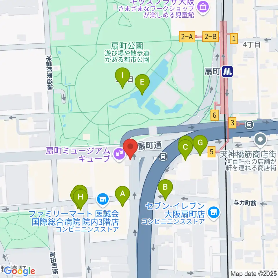 扇町ミュージアムキューブ周辺のファミレス・ファーストフード一覧地図