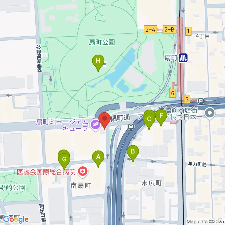扇町ミュージアムキューブ周辺のファミレス・ファーストフード一覧地図