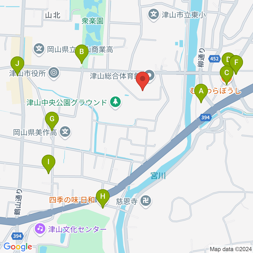 岡山県津山総合体育館周辺のファミレス・ファーストフード一覧地図