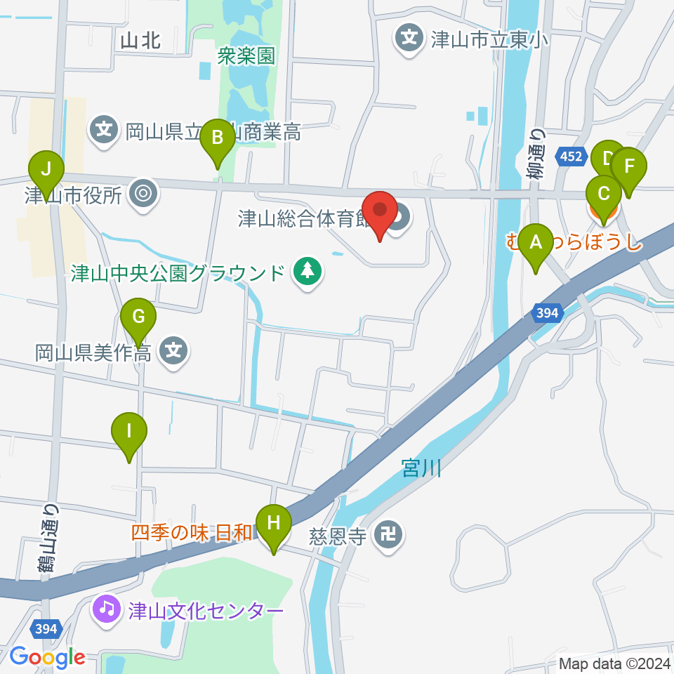 岡山県津山総合体育館周辺のファミレス・ファーストフード一覧地図