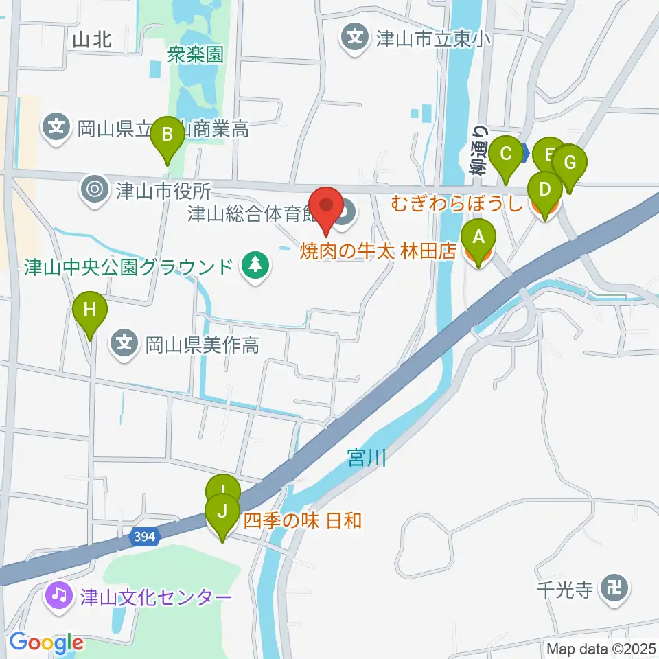 岡山県津山総合体育館周辺のファミレス・ファーストフード一覧地図