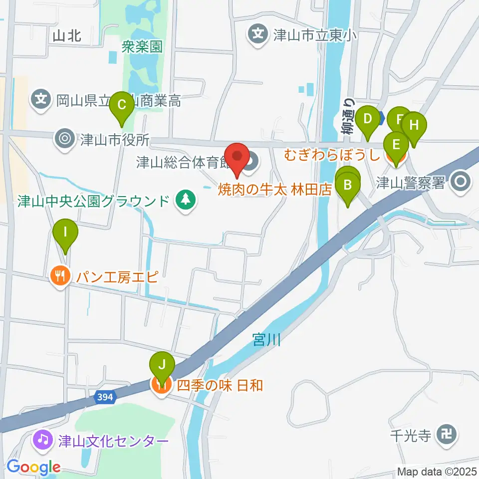 岡山県津山総合体育館周辺のファミレス・ファーストフード一覧地図