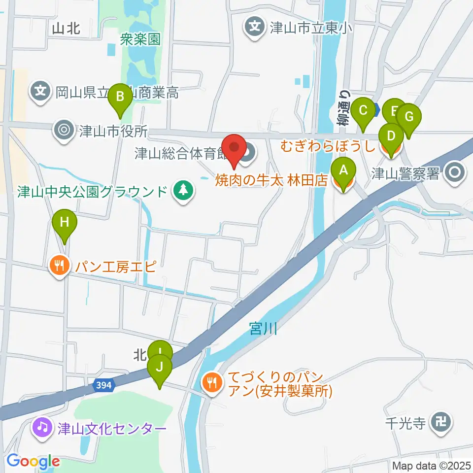 岡山県津山総合体育館周辺のファミレス・ファーストフード一覧地図