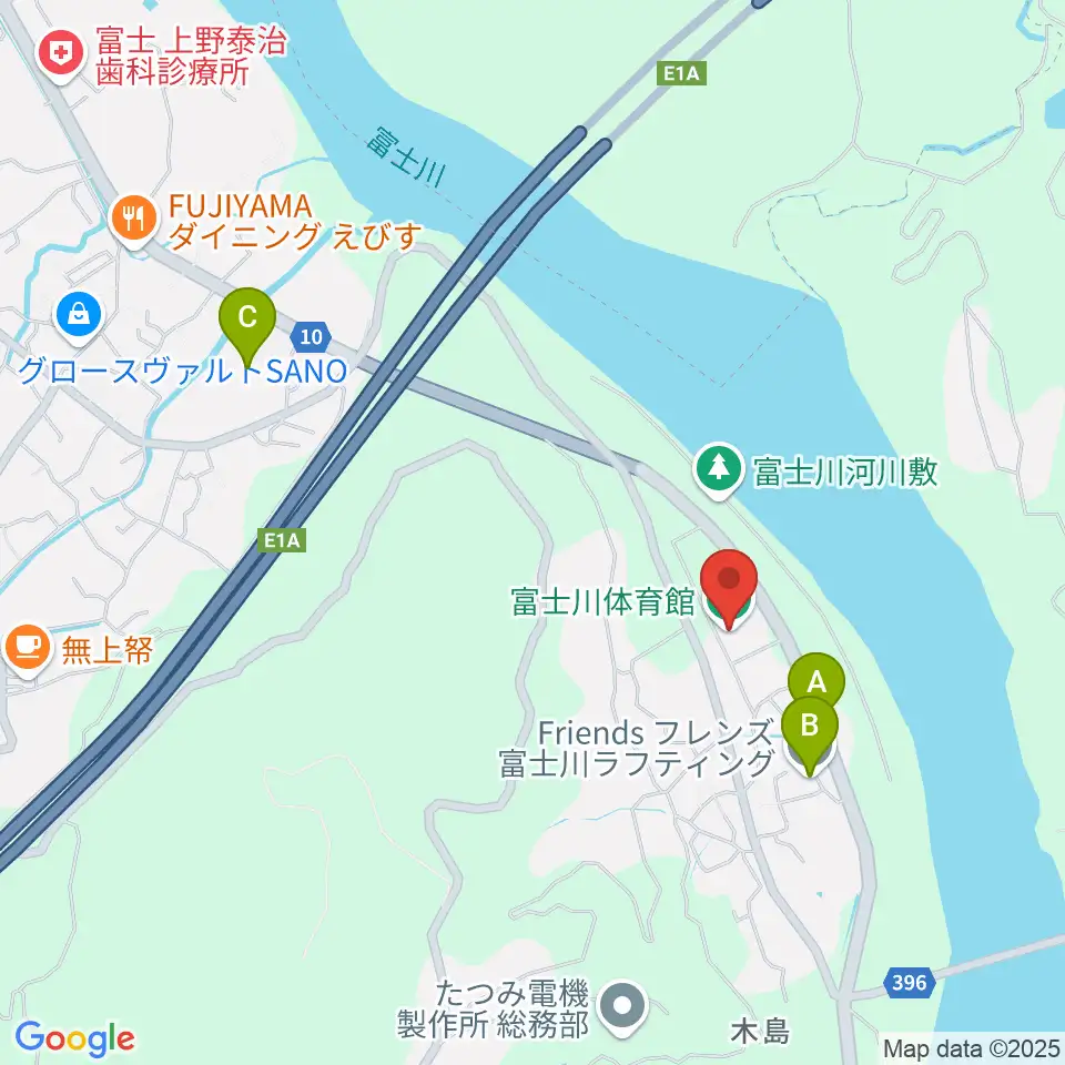 富士市立富士川体育館周辺のファミレス・ファーストフード一覧地図