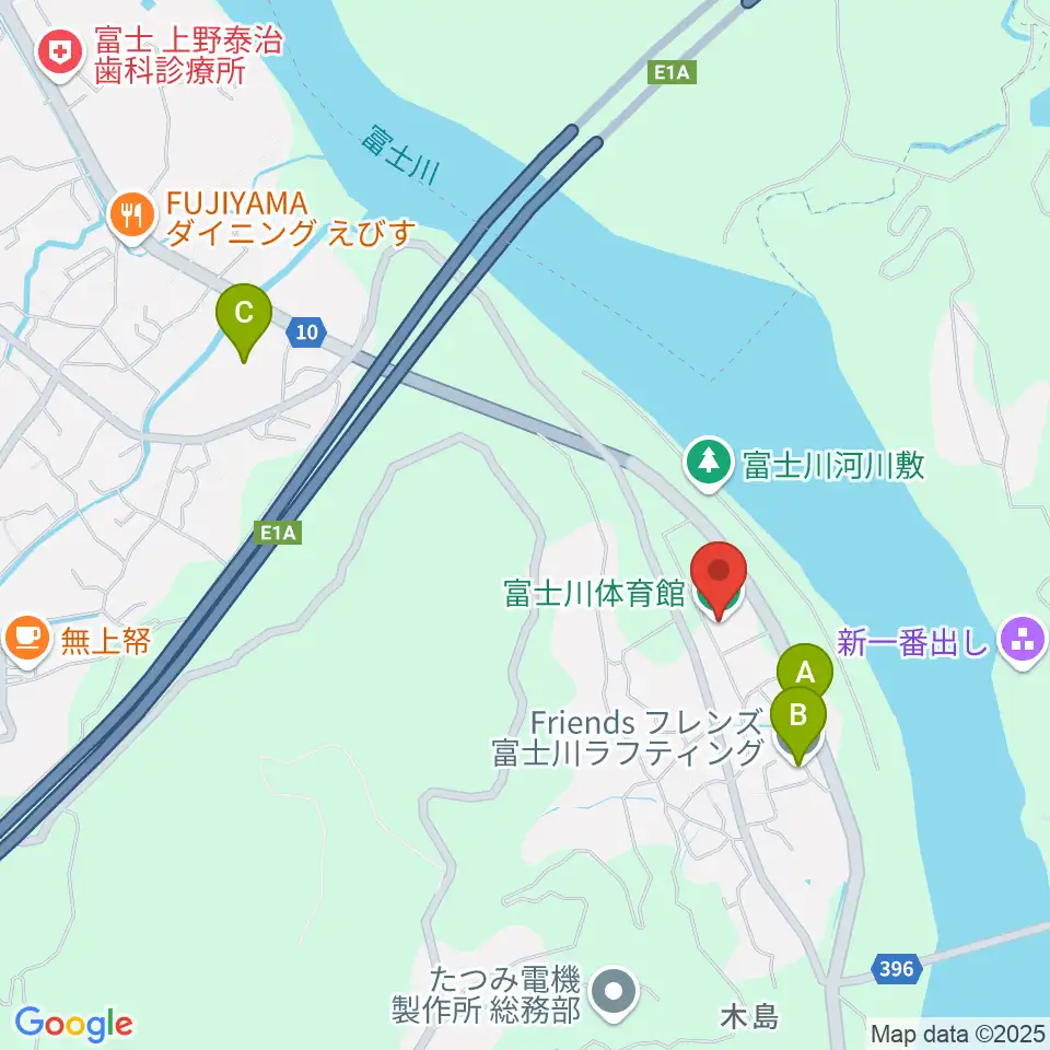 富士市立富士川体育館周辺のファミレス・ファーストフード一覧地図