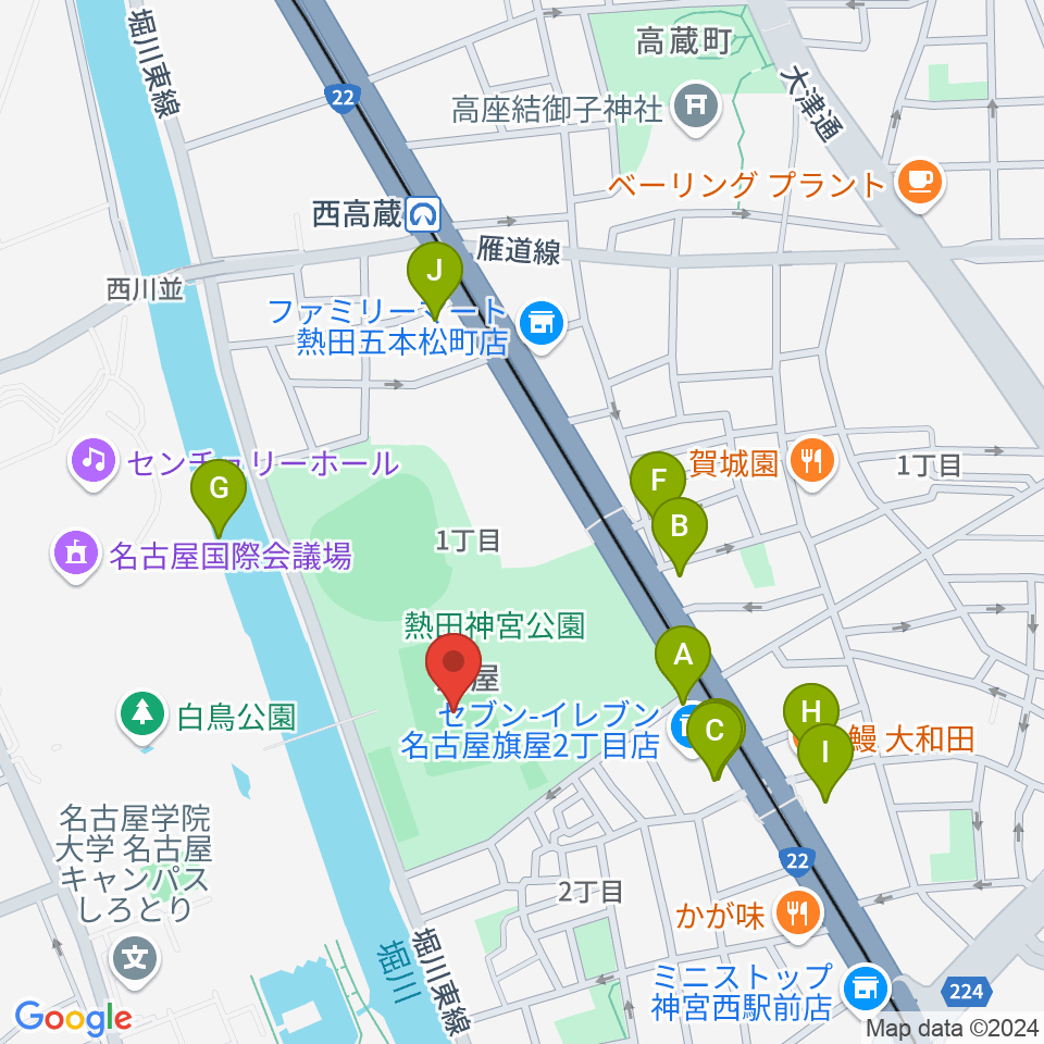 熱田球技場周辺のファミレス・ファーストフード一覧地図