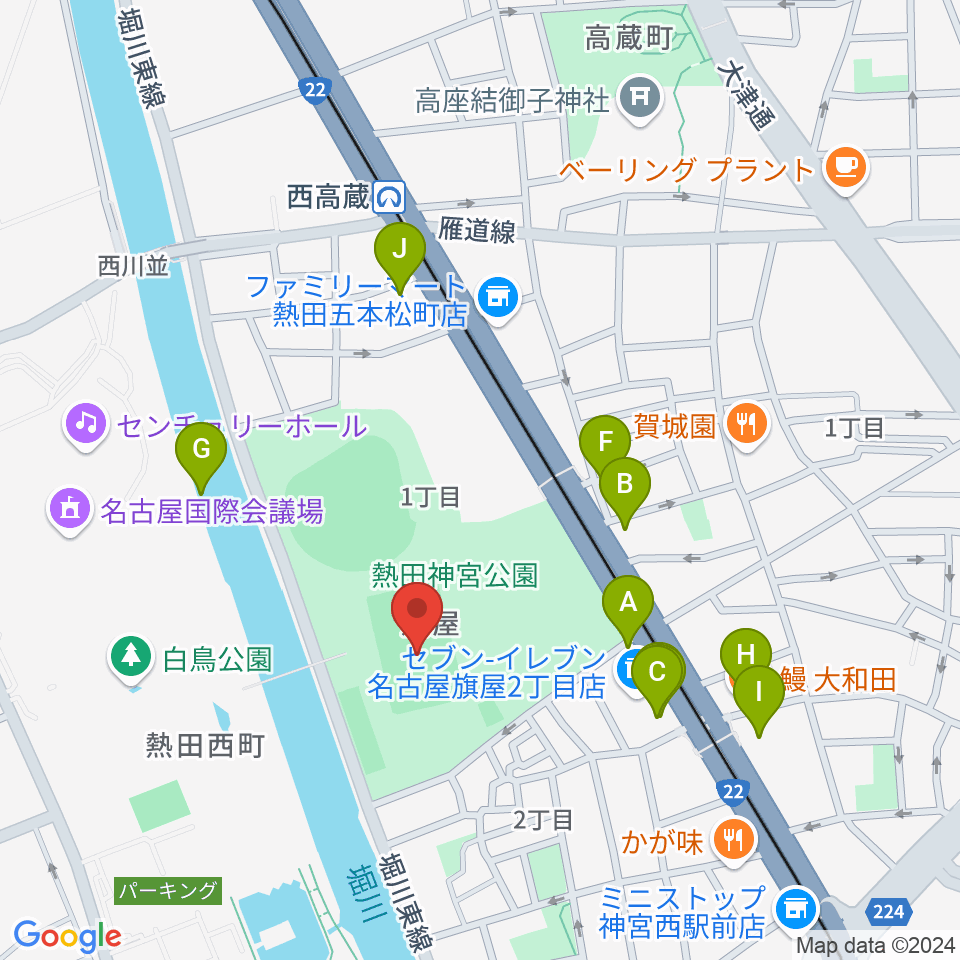 熱田球技場周辺のファミレス・ファーストフード一覧地図