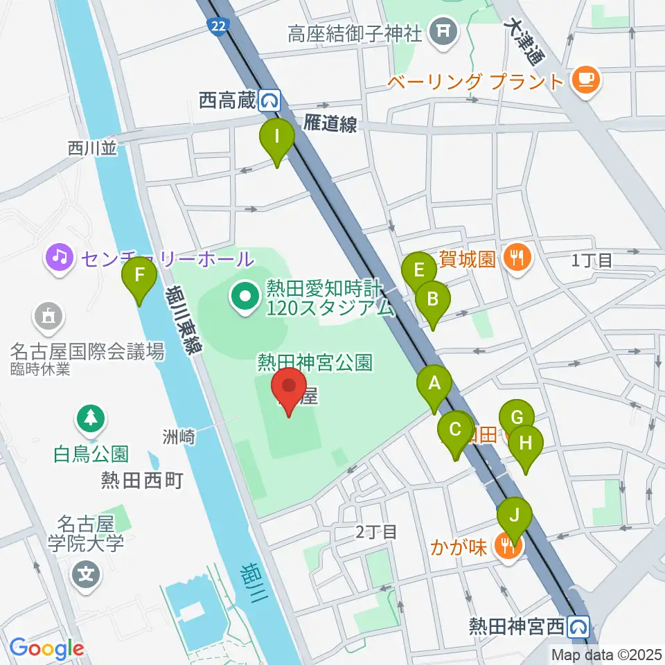 熱田球技場周辺のファミレス・ファーストフード一覧地図