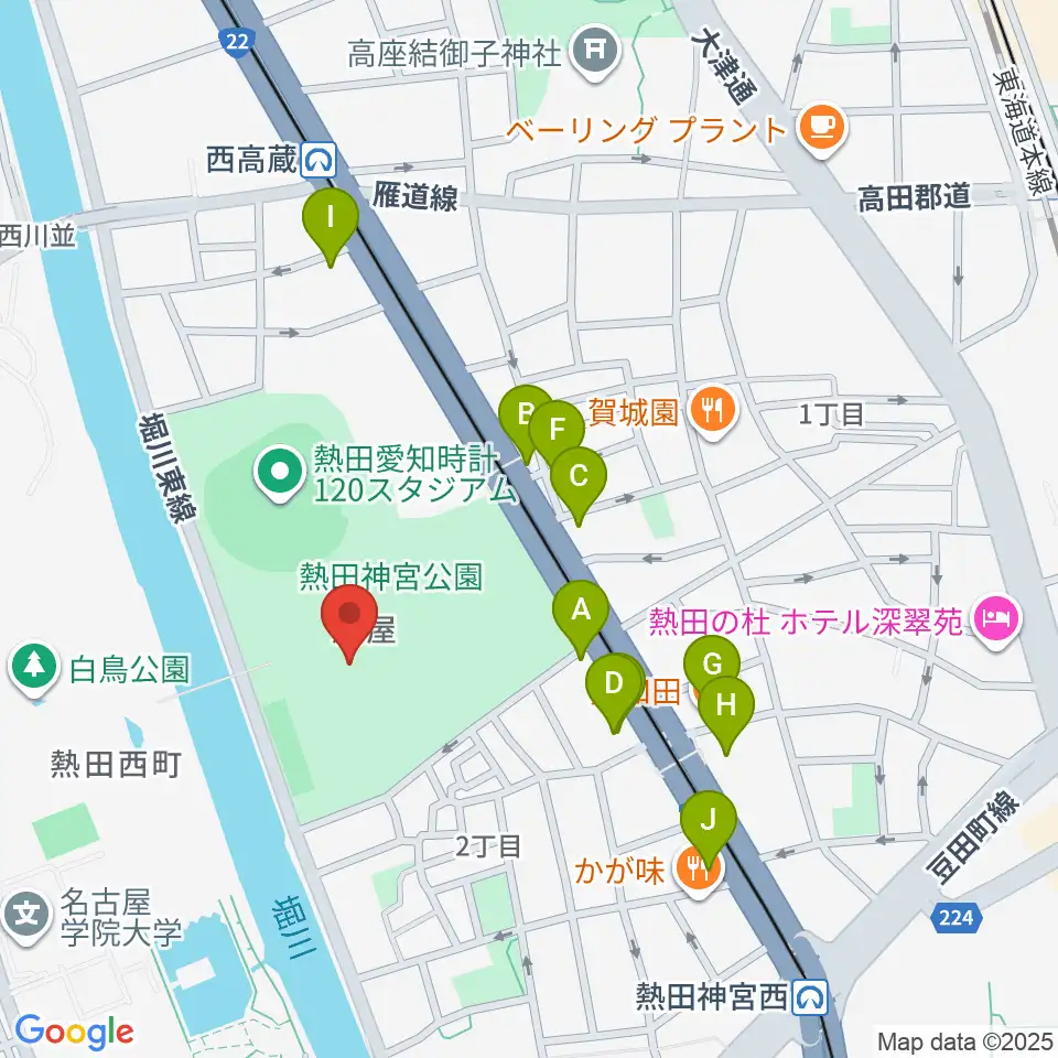 熱田球技場周辺のファミレス・ファーストフード一覧地図