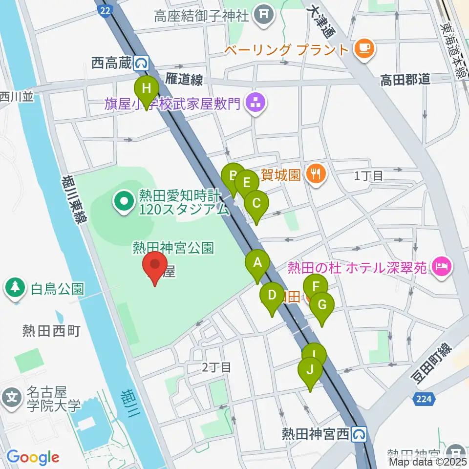 熱田球技場周辺のファミレス・ファーストフード一覧地図
