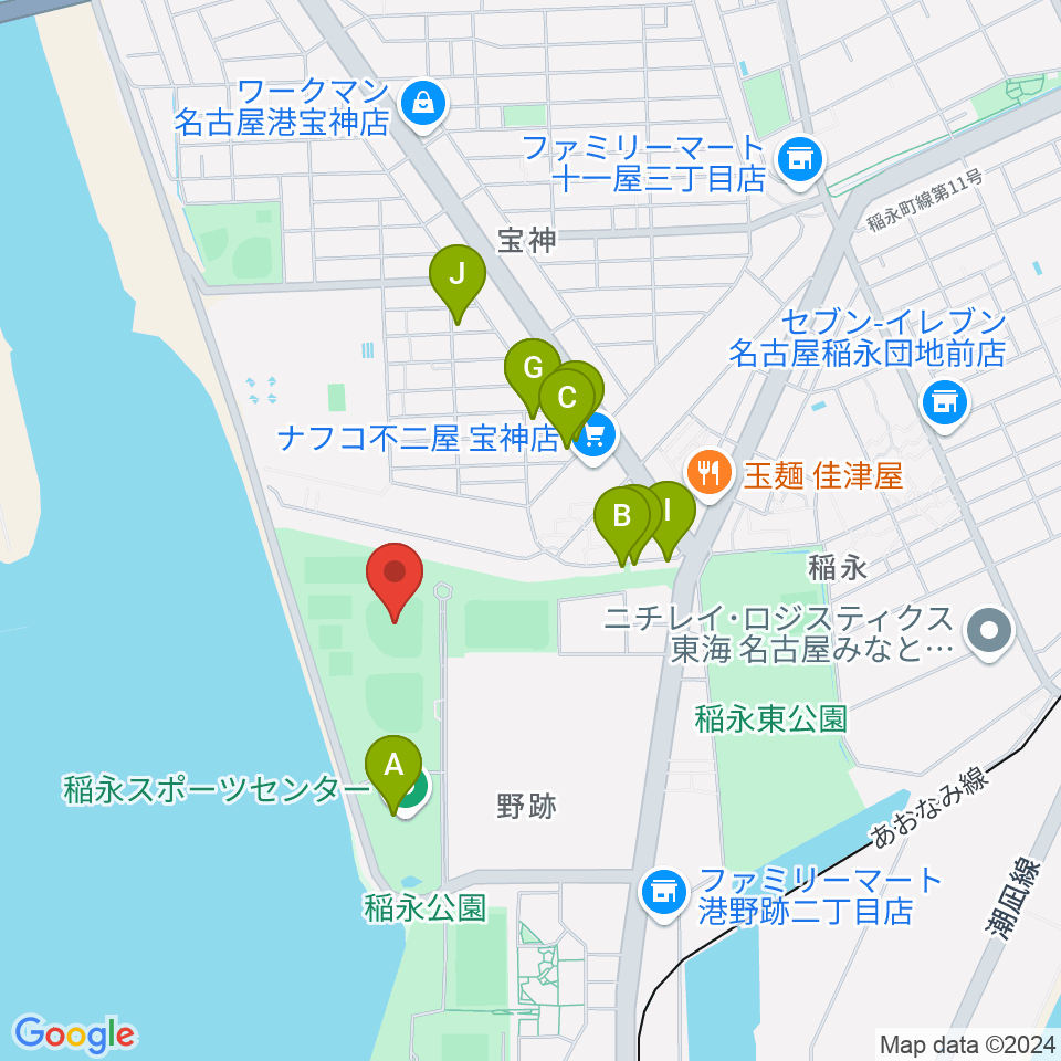 稲永公園野球場周辺のファミレス・ファーストフード一覧地図