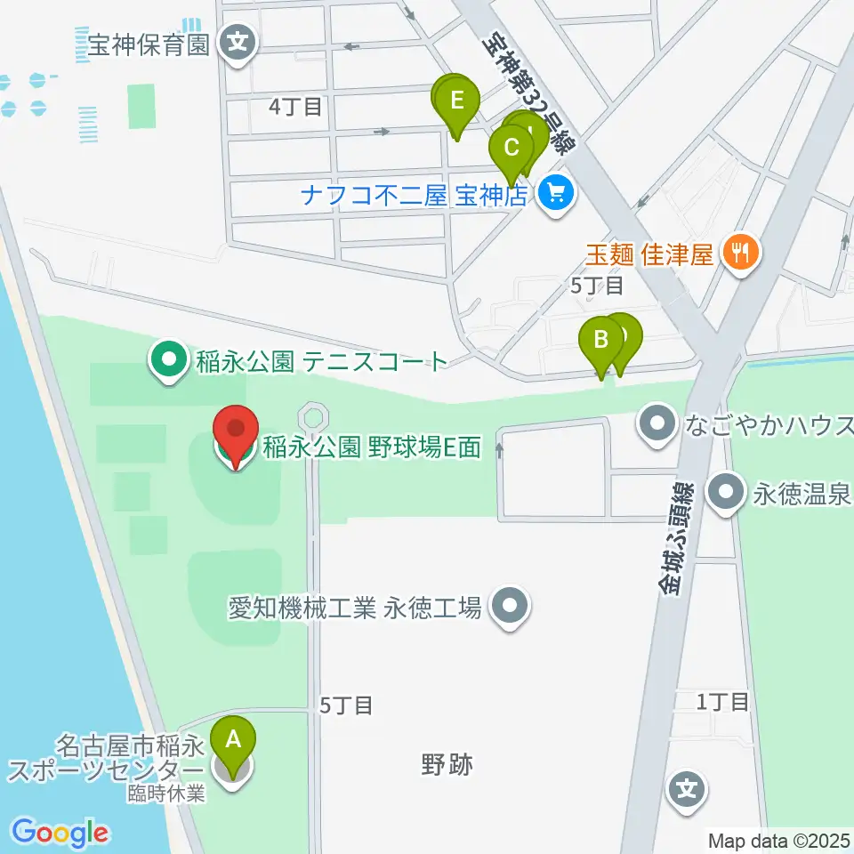 稲永公園野球場周辺のファミレス・ファーストフード一覧地図