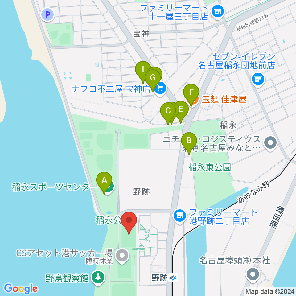 稲永公園球技場周辺のファミレス・ファーストフード一覧地図