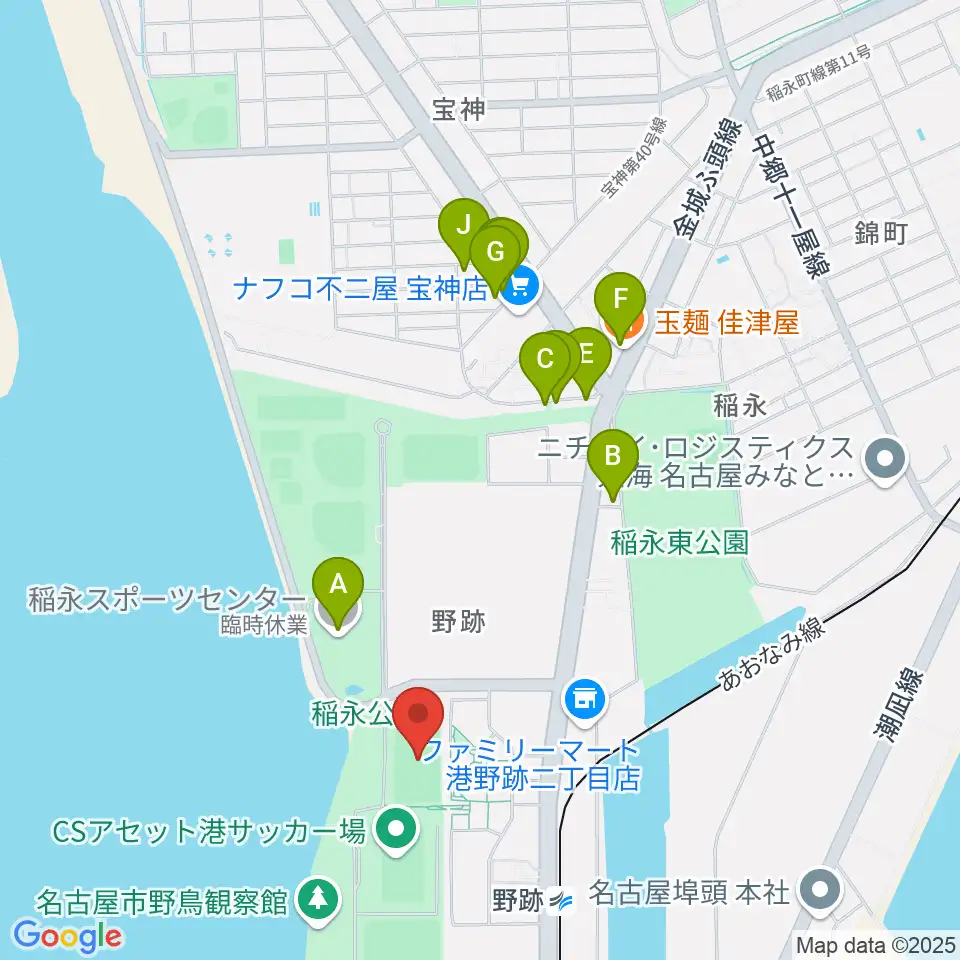 稲永公園球技場周辺のファミレス・ファーストフード一覧地図