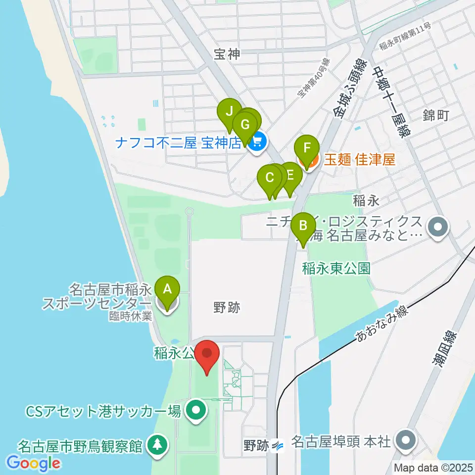 稲永公園球技場周辺のファミレス・ファーストフード一覧地図