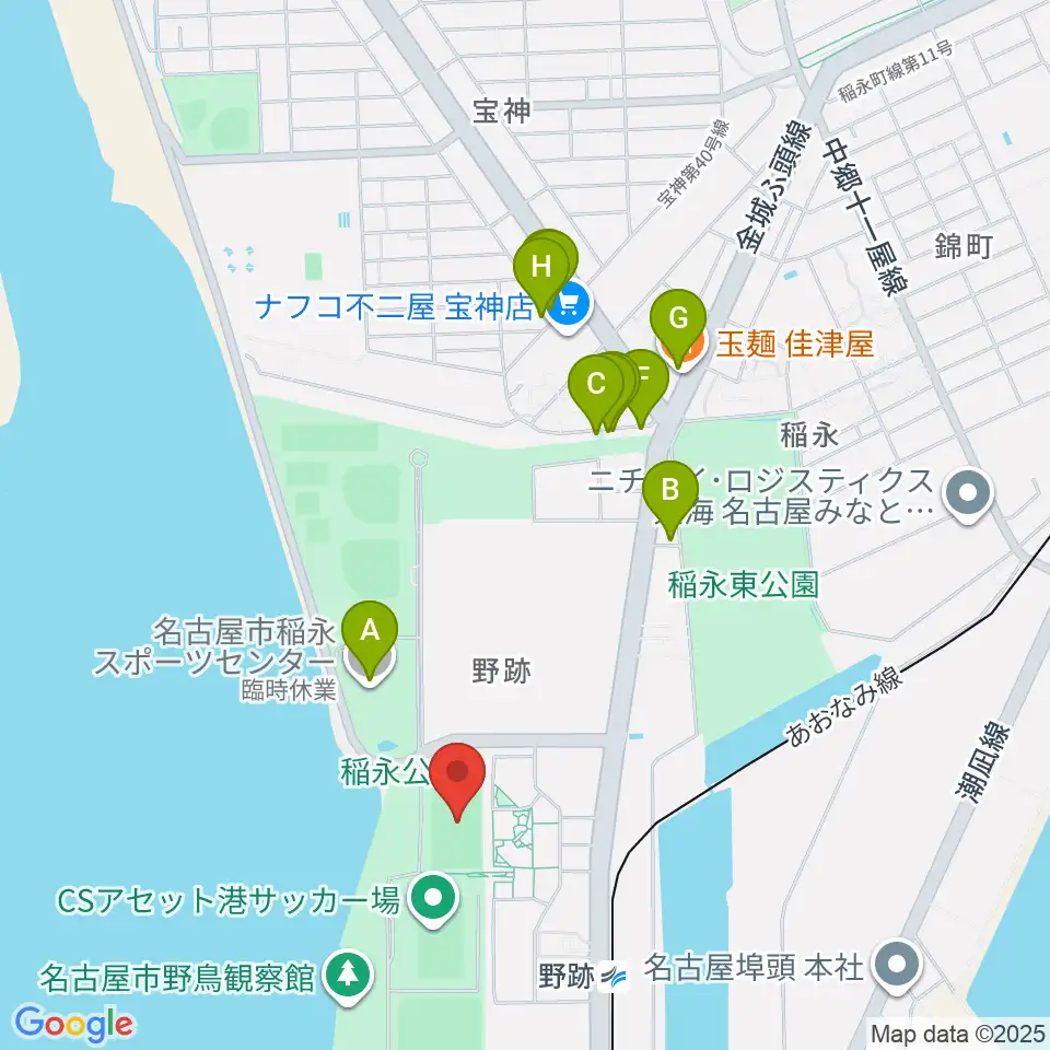稲永公園球技場周辺のファミレス・ファーストフード一覧地図
