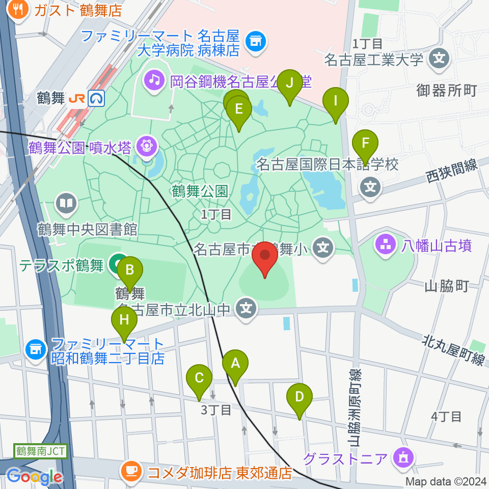 鶴舞公園野球場周辺のファミレス・ファーストフード一覧地図