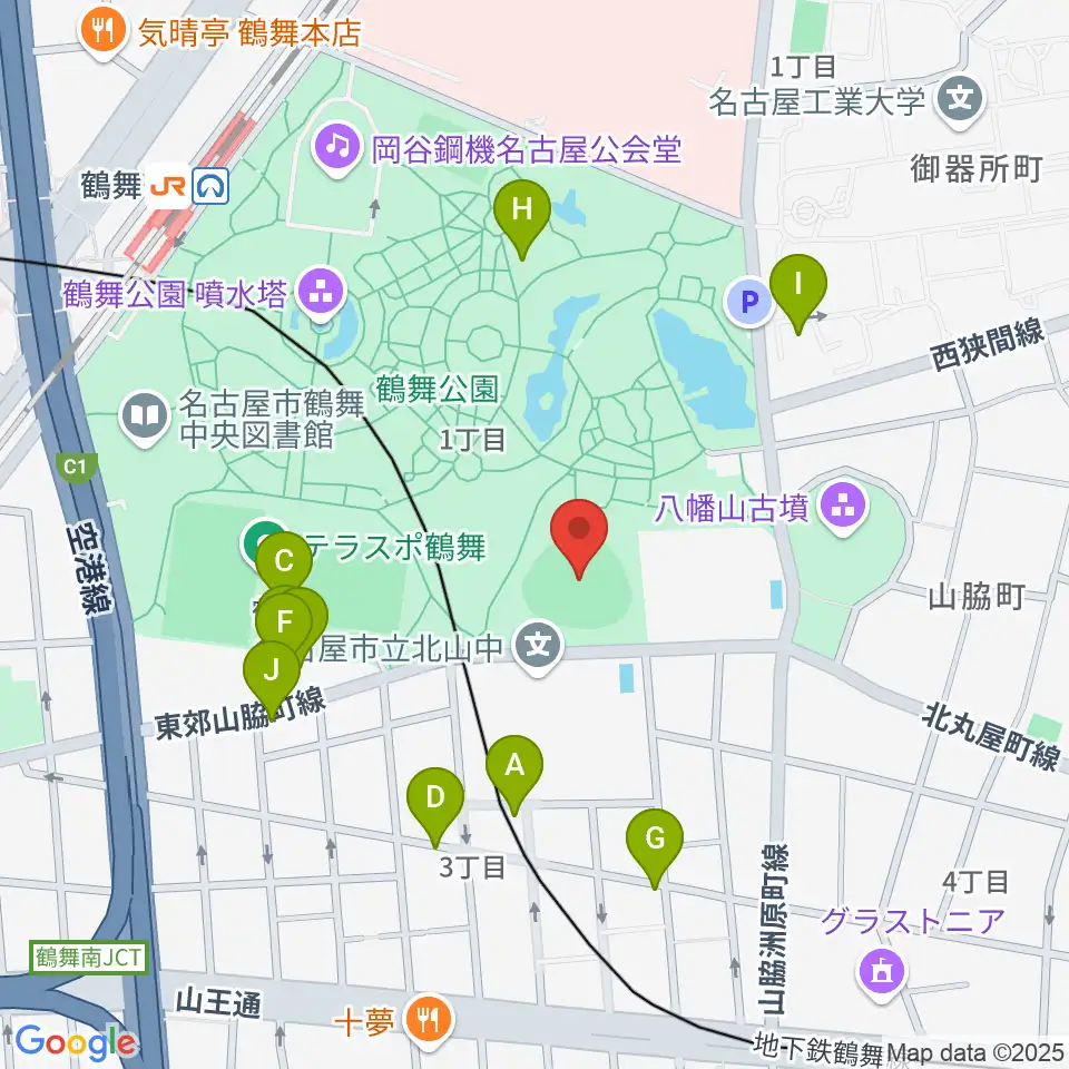 鶴舞公園野球場周辺のファミレス・ファーストフード一覧地図