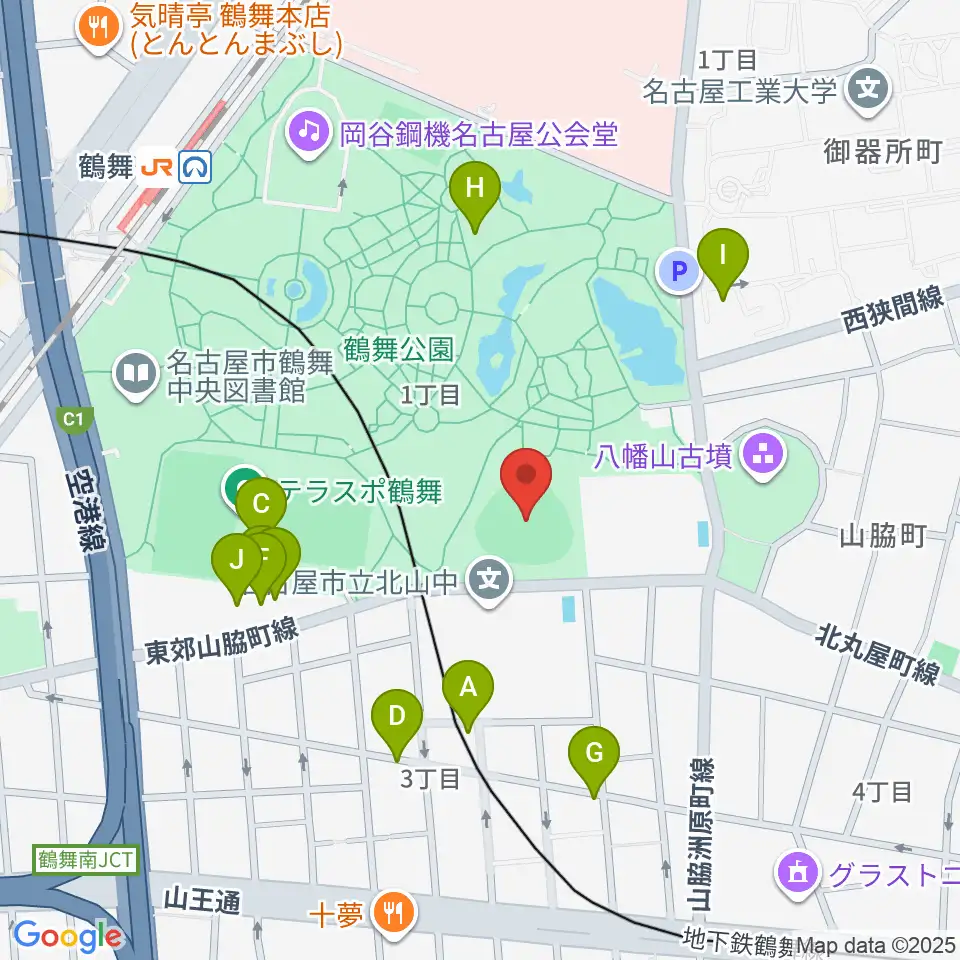 鶴舞公園野球場周辺のファミレス・ファーストフード一覧地図