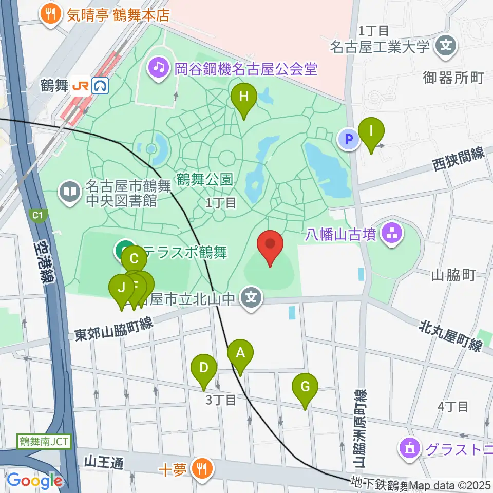 鶴舞公園野球場周辺のファミレス・ファーストフード一覧地図