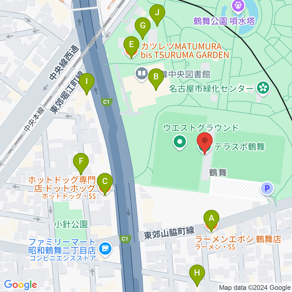 テラスポ鶴舞周辺のファミレス・ファーストフード一覧地図