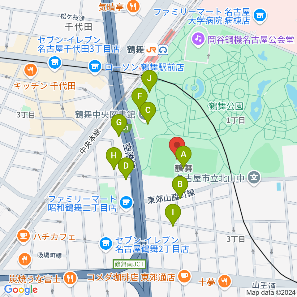 テラスポ鶴舞周辺のファミレス・ファーストフード一覧地図