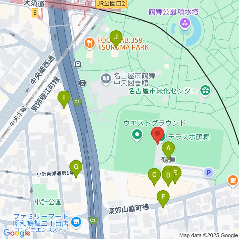 テラスポ鶴舞周辺のファミレス・ファーストフード一覧地図