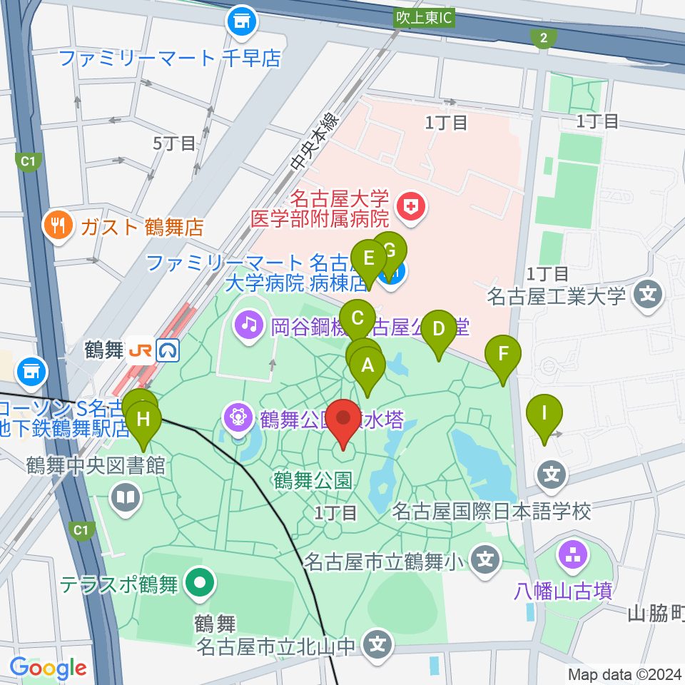 鶴舞公園奏楽堂周辺のファミレス・ファーストフード一覧地図