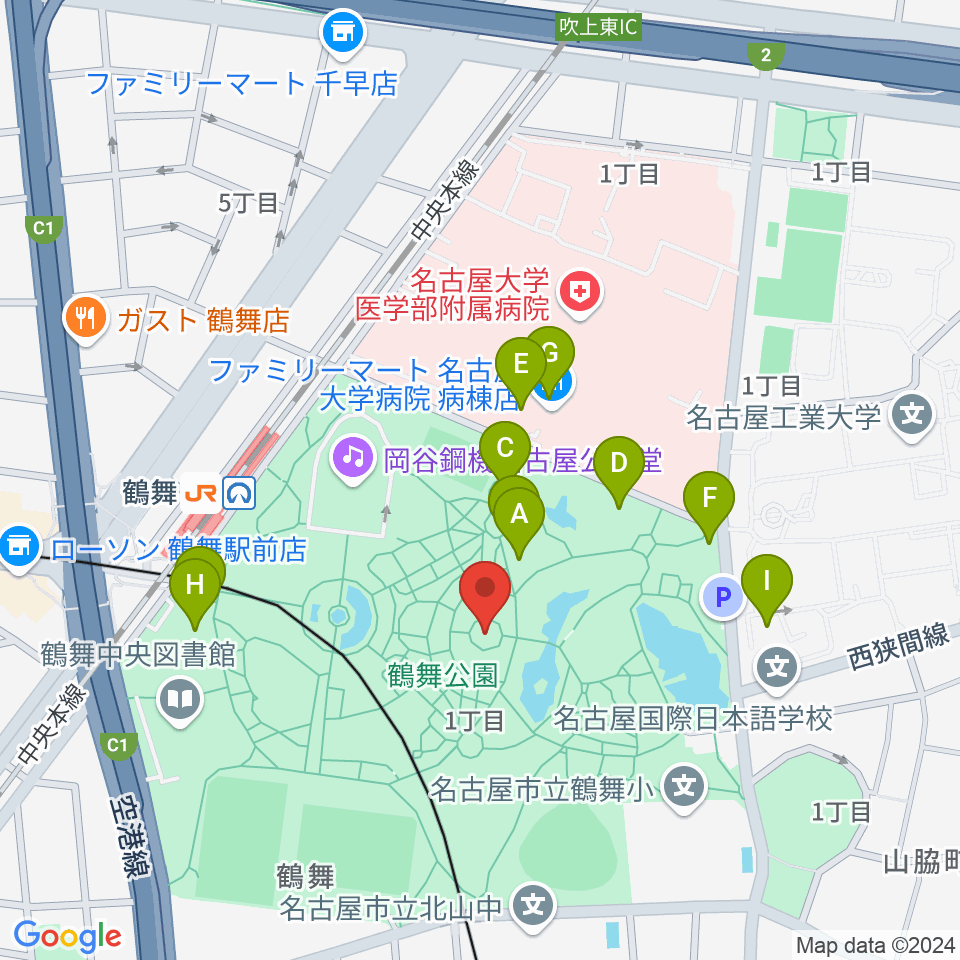 鶴舞公園奏楽堂周辺のファミレス・ファーストフード一覧地図