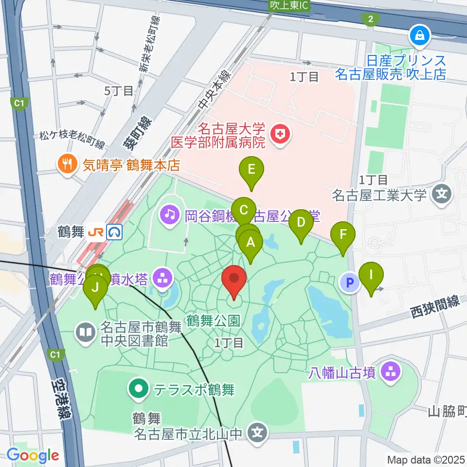 鶴舞公園奏楽堂周辺のファミレス・ファーストフード一覧地図