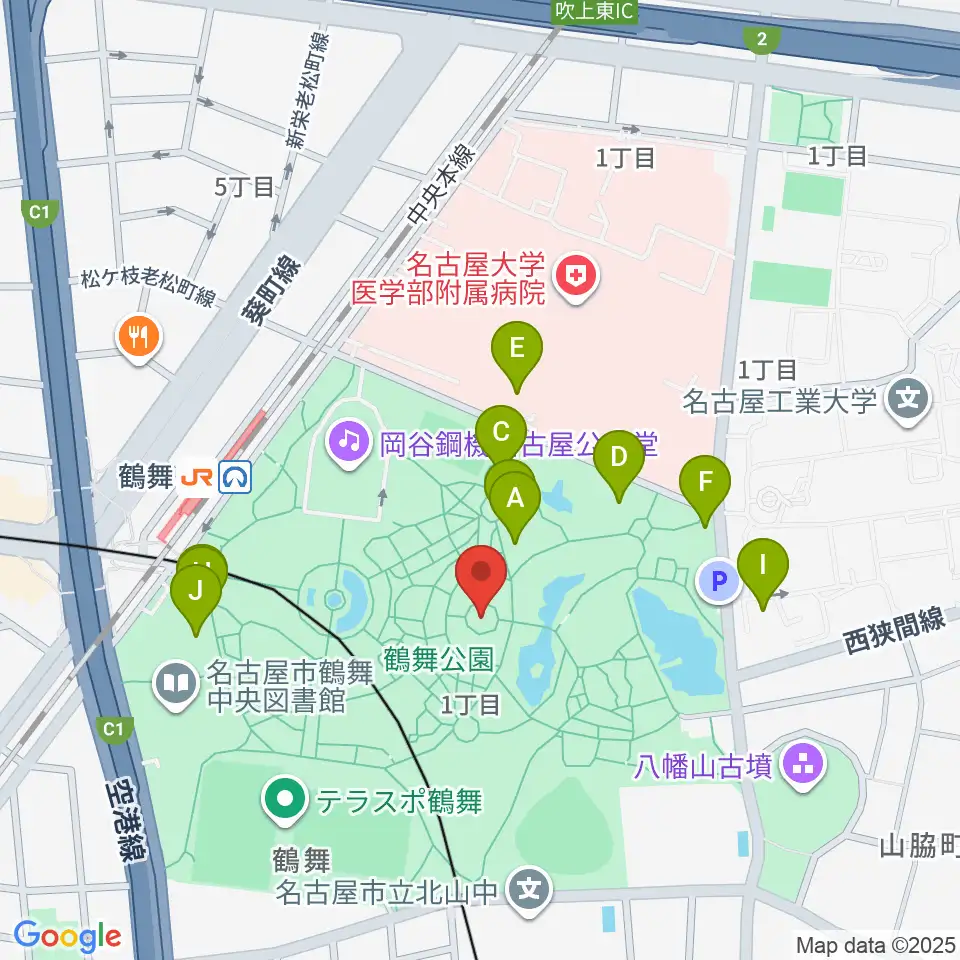 鶴舞公園奏楽堂周辺のファミレス・ファーストフード一覧地図