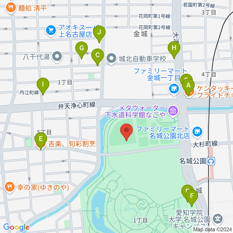 名城公園野球場周辺のファミレス・ファーストフード一覧地図