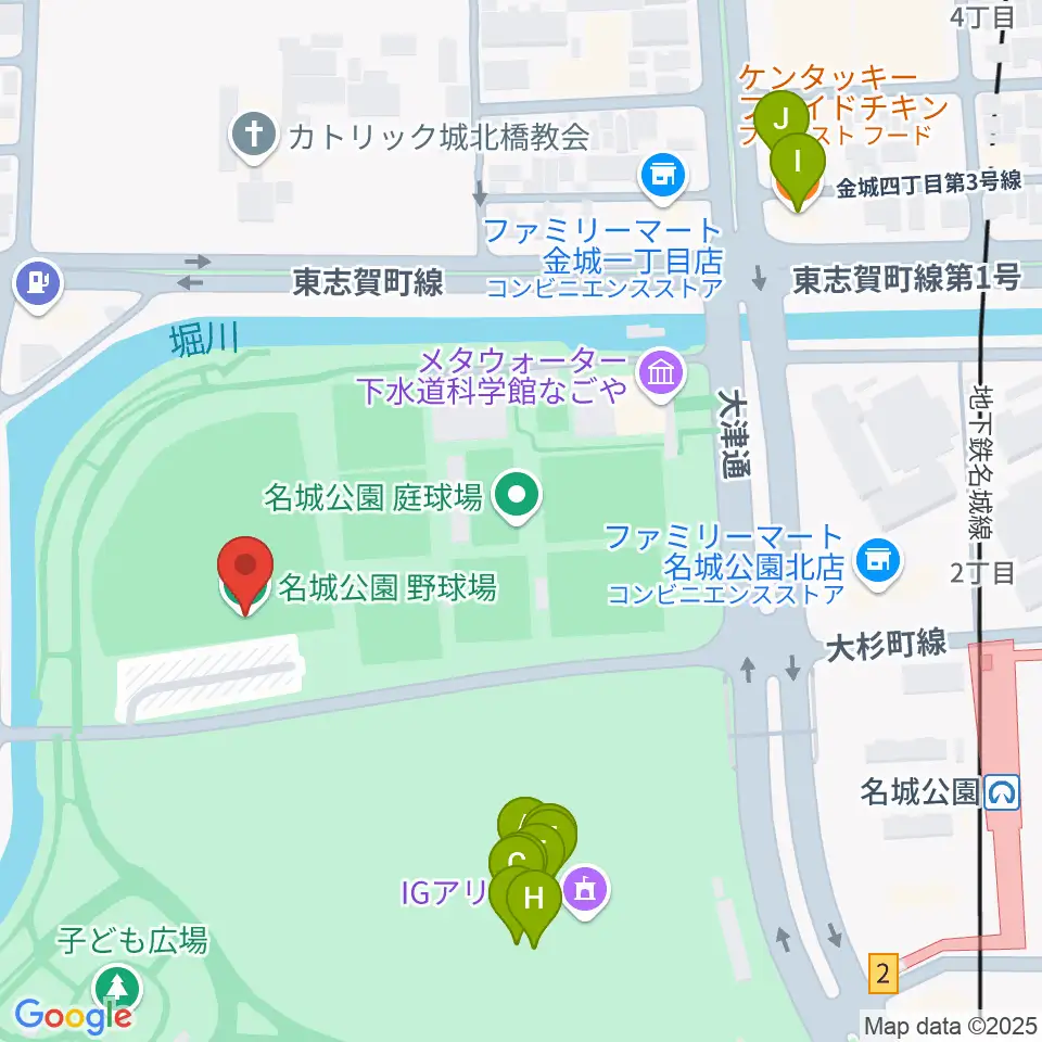 名城公園野球場周辺のファミレス・ファーストフード一覧地図