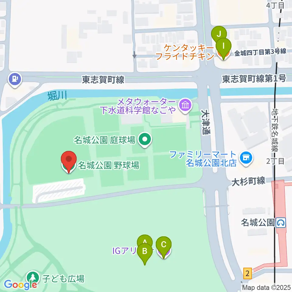 名城公園野球場周辺のファミレス・ファーストフード一覧地図