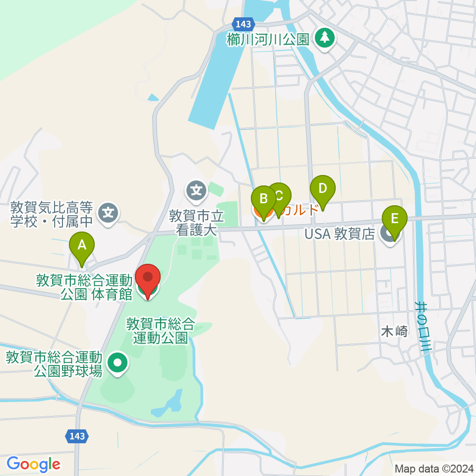 敦賀市総合運動公園体育館周辺のファミレス・ファーストフード一覧地図