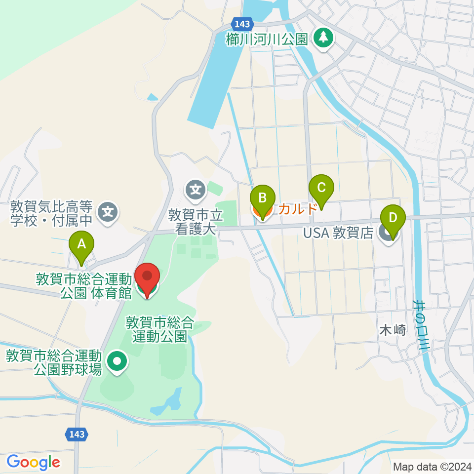 敦賀市総合運動公園体育館周辺のファミレス・ファーストフード一覧地図