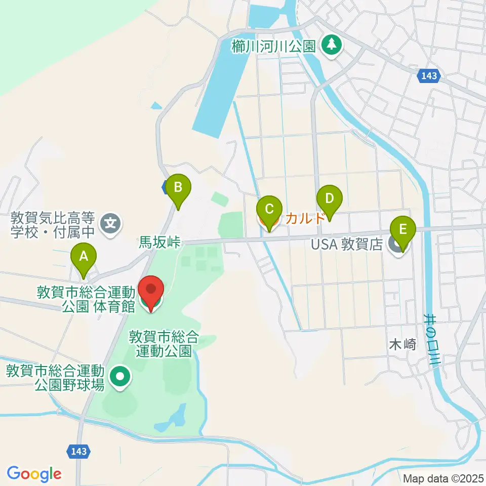 敦賀市総合運動公園体育館周辺のファミレス・ファーストフード一覧地図