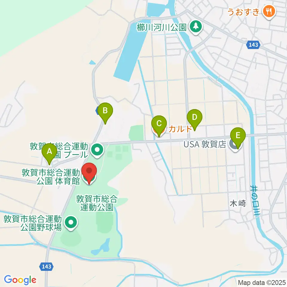 敦賀市総合運動公園体育館周辺のファミレス・ファーストフード一覧地図