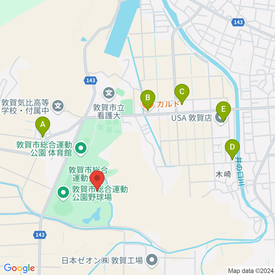 敦賀市総合運動公園陸上競技場周辺のファミレス・ファーストフード一覧地図