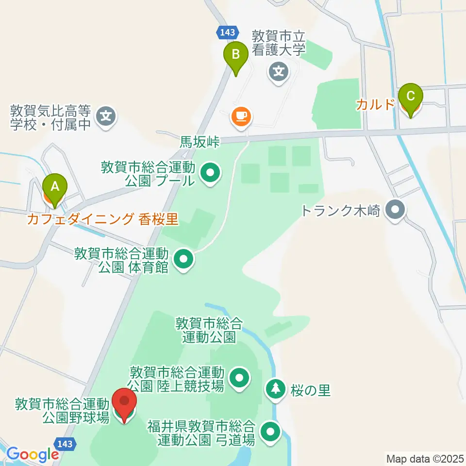 敦賀市総合運動公園野球場周辺のファミレス・ファーストフード一覧地図