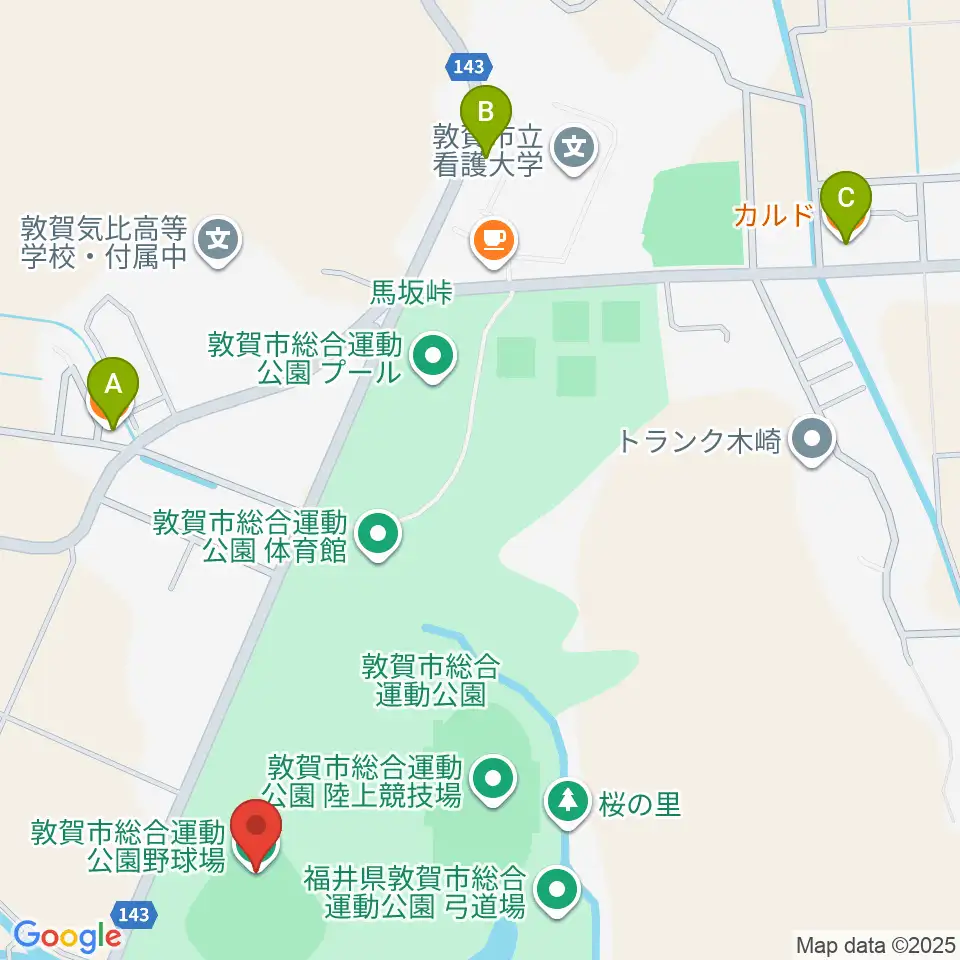 敦賀市総合運動公園野球場周辺のファミレス・ファーストフード一覧地図