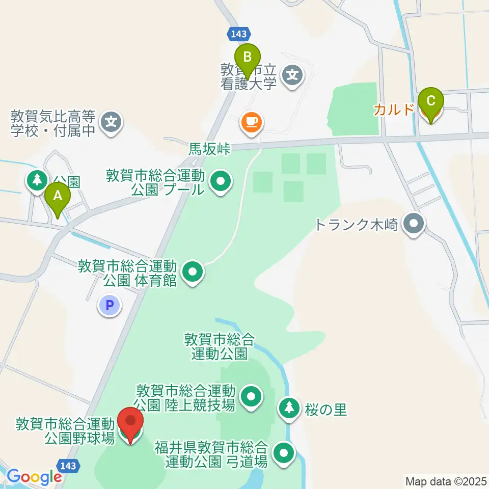 敦賀市総合運動公園野球場周辺のファミレス・ファーストフード一覧地図