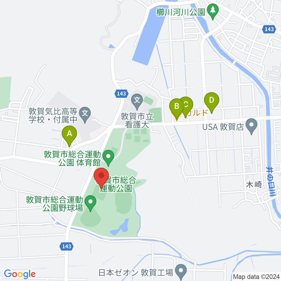 敦賀市総合運動公園多目的広場周辺のファミレス・ファーストフード一覧地図