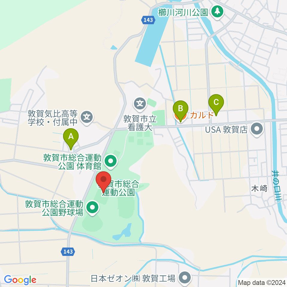 敦賀市総合運動公園多目的広場周辺のファミレス・ファーストフード一覧地図