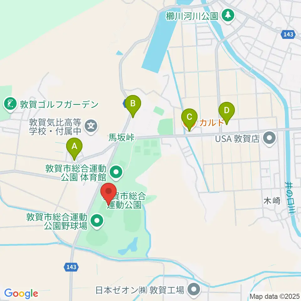 敦賀市総合運動公園多目的広場周辺のファミレス・ファーストフード一覧地図