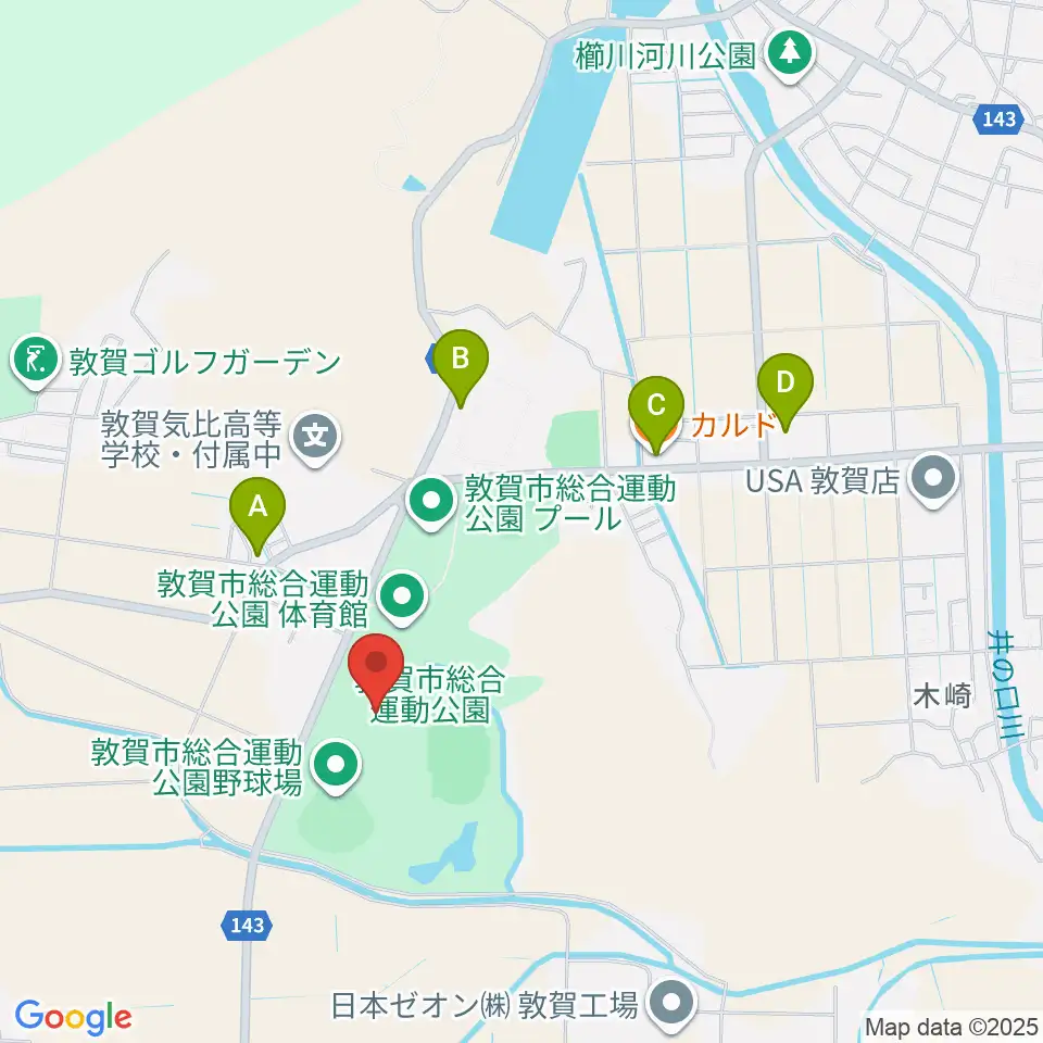 敦賀市総合運動公園多目的広場周辺のファミレス・ファーストフード一覧地図
