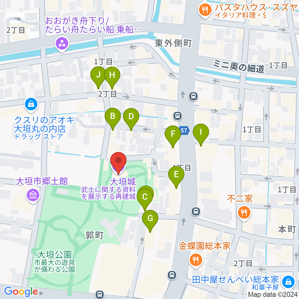 大垣城展望室周辺のファミレス・ファーストフード一覧地図